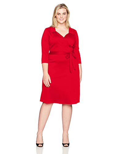Star Vixen Women's Plus-Size 3/4 Sleeve Faux Wrap Dress with Collar, red, 3X