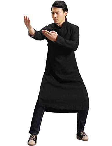 CORETIC Men's Chinese Traditional Kungfu Tai Chi Cotton Linen Martial Arts Uniforms Long Coat (US, Alpha, Medium, Regular, Regular, Black)