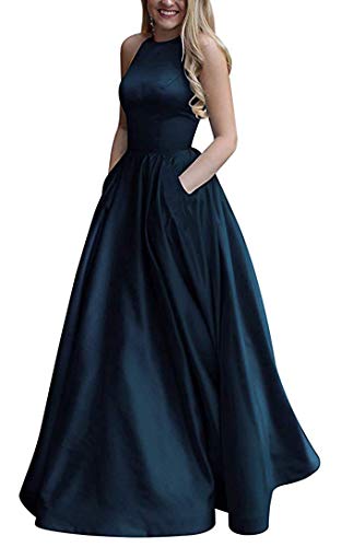 Women A Line Satin Long Prom Dresses 2021 with Pockets Teen Formal Evening Ball Gowns Size 10 Navy Blue