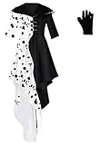 Womens Black White Deville Costume Dress Coat with Gloves 2021 Halloween Cosplay Full Set Outfits 3XL