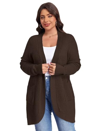 Image of LARACE Long Cardigans for Women Plus Size Tops Open Front Sweaters with Pockets Waffle Ribbed Sleeve Loose Fall Outwear