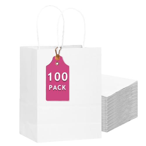 Gcardist 100-Packs White Gift Bags with Handles 13x5x10inch Large Size Present Paper Bags (33x26x13cm)