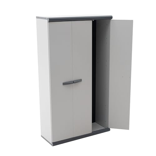 Gardiun Tavira Armario de jardín 94 x 39 x 167 cm de PVC con 3 Puertas, 3 estantes Ajustables y Escoba para Interior y Exterior