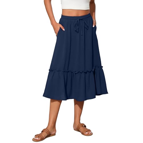 High Waist Tiered Skirts for Women Flowy Skirts for Women Below Knee with Pockets 2025 Women Fashion Trendy