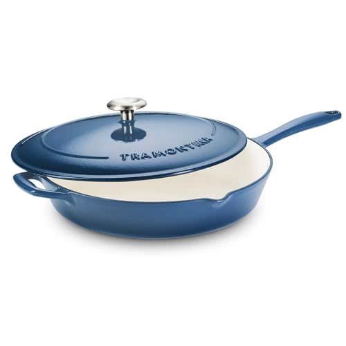 Image of TRAMONTINA Bestow Fry Pan 30 cm with Lid | Enameled Cast Iron Cookware | Even Heat Retention | Low Oil Healthy Cooking | No Seasoning Required | Stainless Steel Knob | All Cooktops Compatible | Blue
