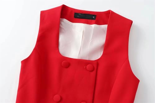 Women's Red Vest Sets Fashion Chic Sleeveless Double Breasted Vest Top and Wide Leg Pants Suits4