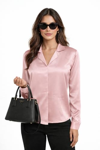 Image of Cuban Collar Cuffed Sleeves Formal Satin Shirt Style Top