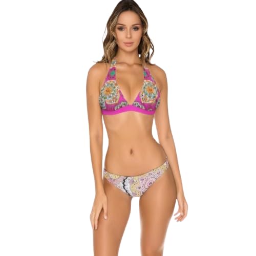urge Pink Geometric Mandala Halter Bikini Top for Women | Adjustable Tie Back Swim Bra | Vibrant Magenta & Multicolor Boho Print (Top Only)-picture-47