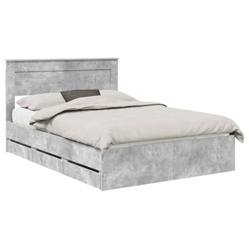 PUGYNBK Telaio letto moderno 140 x 200 cm con vano portaoggetti, grigio cemento, struttura in legno con testiera e robusta rete a doghe, design autoportante per camera da letto contemporanea