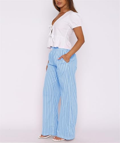 Striped Pants for Women Summer, Lightweight Pants Women, Wide Leg Elastic Waist Palazzo Pant Casual Baggy Trousers4