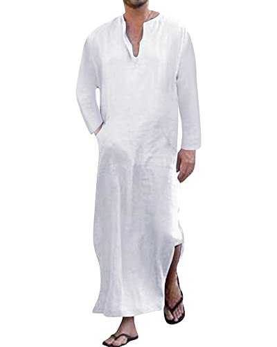 YAOHUOLE Men's V-Neck Kaftan Thobe Long Sleeve Men Thobe Mens