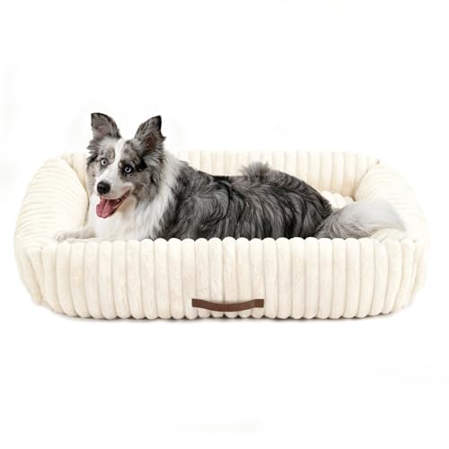 Upvilla Luxusweicher Hundekorb, Super Weiches hundebett Grosse Hunde, 4-seitiges Nackenkissen, Abnehmbare Waschbare Hundematte, Hundesofa mit Griffen, Haustierbett (Beige, 109 * 76 * 20cm)