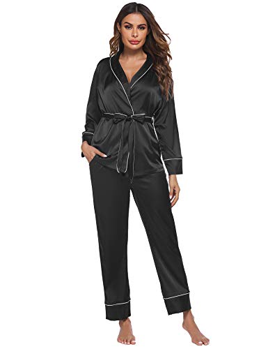 Ekouaer Satin Pajamas Set for Women Long Sleeve Sleepwear Silky Nightwear 2 Piece Loungewear Sets Silk PJ V-Neck PJS Set Black