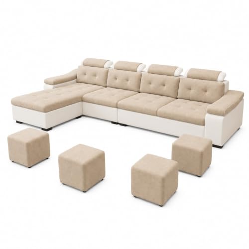 Image of Torque Jimmi L-Shaped 5 Seater Sofa with 4 Puffy - LHS-Beige | 8 Seater Sectional Sofa Set for Living Room | 3 + 1 Lounger Sofa Couches with Adjustable Headrests