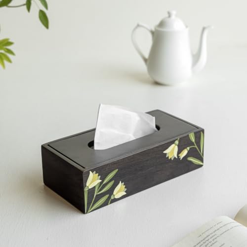 Image of Aurum Crafts Mirra Handpainted Wooden Tissue Box Holder | Mango Wood Decorative Napkin Dispenser | Tabletop Tissue Case for Home, Living Room, Office & Dining Decor | Size: 10 x 5 x 3 inches