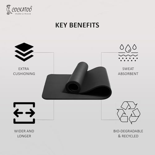 Image of Cockatoo 15mm Thick NBR Yoga Mat For Home and Gym Workout| Anti Slip Yoga Mat For Men & Women| Yoga Mat with Carrying Strap, Black