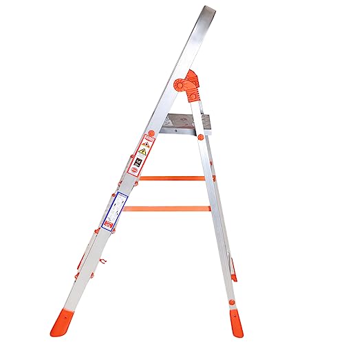 Image of BRANCO Heavy Duty Strong Durable Multipurpose Folding Ladder | Aluminium Safety Ladder with Anti-Slip Steps, Foldable Design, Platinum 4 Step Ladder for Home Use | Orange and Silver