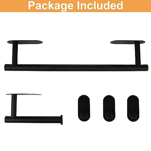 TocTen 5 Pieces Self Adhesive Towel Bar Set, Stainless Steel Bathroom Hardware Set Include Towel Rack, Toilet Paper Holder, 3 Packs Towel Hook, No Drilling Sticky Bathroom Accessory Kit(Matte Black)
