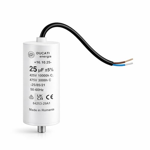 Condensador de motor monofásico 425 V/450 V/475 V - Condensador permanente con cable - Compatible con bomba piscina, lavadora de alta presión Kärcher, puerta de garaje y portal, compresor (25 μF/25 uF