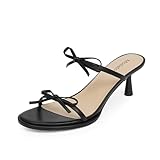 Modatope Two Strap Kitten Heel Sandals Women Bow Tie Black Heels for Women Slip on Open Toe Sandal Mid Heel Rounded Toe Sandals Size 8.5