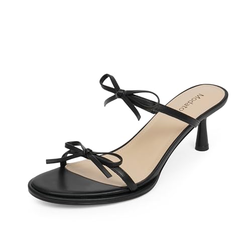 Modatope Two Strap Heeled Sandals for Women Kitten Heel Rounded Toe Heels Women Slip on Open Toe Sandals