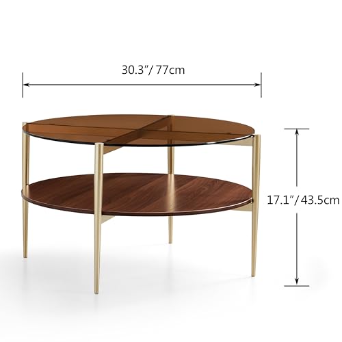 Saint-Mossi-Glass-Coffee-Table-for-Living-Room-Middle-Century-Modern-Style-Coffee-Brown-Glass-Top-Walnut-Brown-MDF-Wood-Top-with-Gold-Finish-Legs-Frame