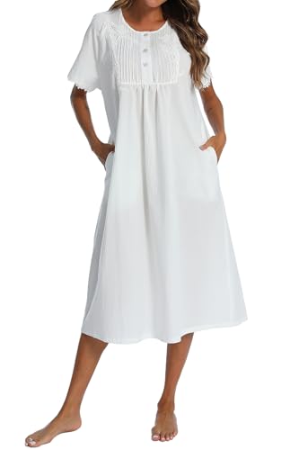AVIIER 100% Cotton Nightgowns for Women Short Sleeve Night Gown with Pockets