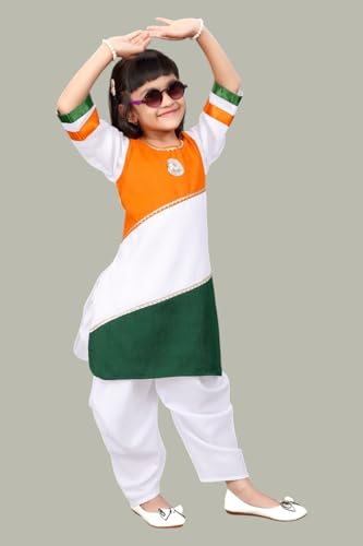 Image of Girls Patriotic Kurta Salwar Set | Traditional Kids Outfit for Independence Day Celebration, School Programs & Cultural Functions