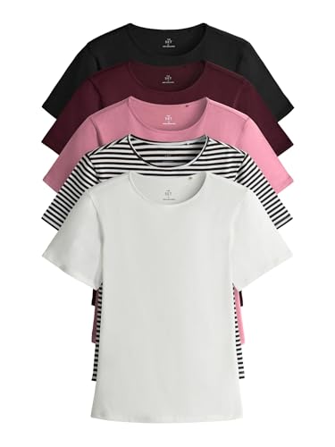 THE SET Femme T-Shirt Ras du Cou ajusté à Manches Courtes, Lot de 5 Black/Stripe/Berry/Mid Pink/Cream L
