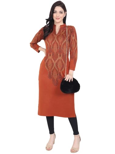 Image of Rosary Women's Winter Woolen Kurti Jacquard Straight Fit Ethnic Wear with 2 Side Pockets