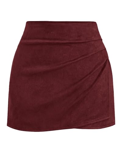BTFBM Faux Suede Mini Skirts for Women Ruched Wrap Skorts,Burgundy,L