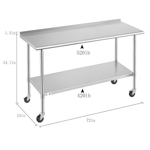 Image of Stainless Steel Table for Prep & Work with Caster & Backsplash 24x72 Inches, NSF Metal Commercial Kitchen Heavy Duty Table with Adjustable Under Shelf and Table Foot for Restaurant, Home and Hotel