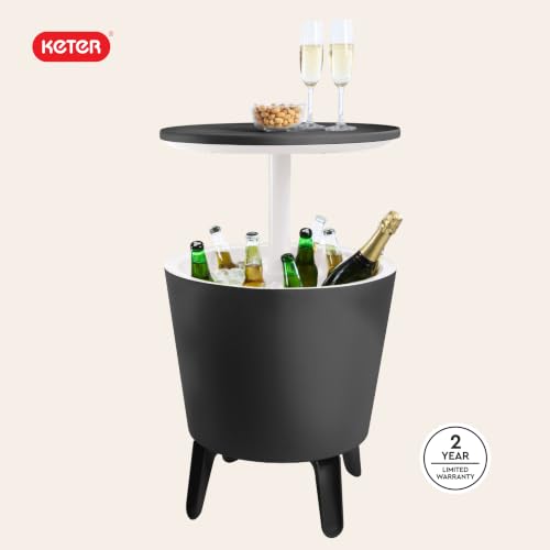 Keter Modern Cool Bar Outdoor Patio Furniture and Hot Tub Side Table with 7.5 Gallon Beer and Wine Cooler, Dark Grey