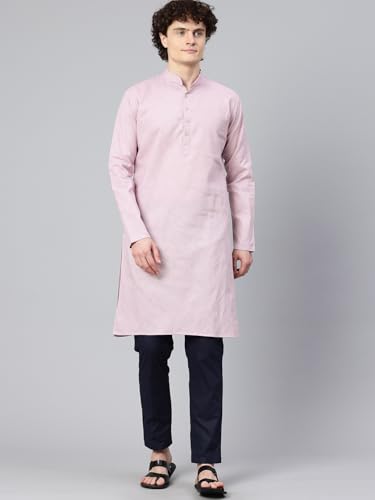 Image of Majestic Man Men's Cotton Regular Fit Casual Mandarin Collar Ethnic Motifs Solid Long Kurta