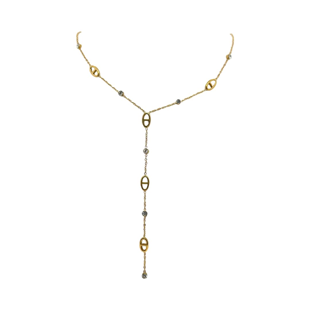 collier sautoir chaine en y - pendentif nez de cochon et strass - maille marine - acier inoxydable- argent ou or - collier personnalisé-collier tendance