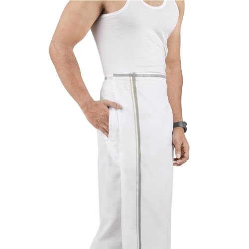Kolakeer™ Men's Easy-To-Wear Welcro Zari Border Cotton Dhoti with Pocket - Adjustable from 28 to 38 inch Waist Size2