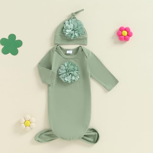 Image of KMBANGI Newborn Baby Boys Girls Knotted Gown Hat Set Long Sleeve Crew Neck 3D Flower Infant Sleeper Baby Sleep Gown (Green, 0-3 Months)