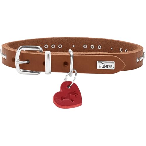 HUNTER Hundehalsband Aalborg Hearts, Farbe: Cognac, hochwertiges Softvollrindleder, weiches & Komfortables Tragegefühl, mit Nieten & Herz-Details, Herzanhänger, Made in Germany, Größe: 32