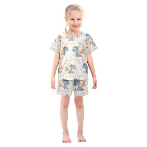 ALAZA Cute Dragon Cloud Cartoon Pajamas Set Short Sleeve Cotton Sleepwear Summer Pjs 2 Piece 5-14Y3