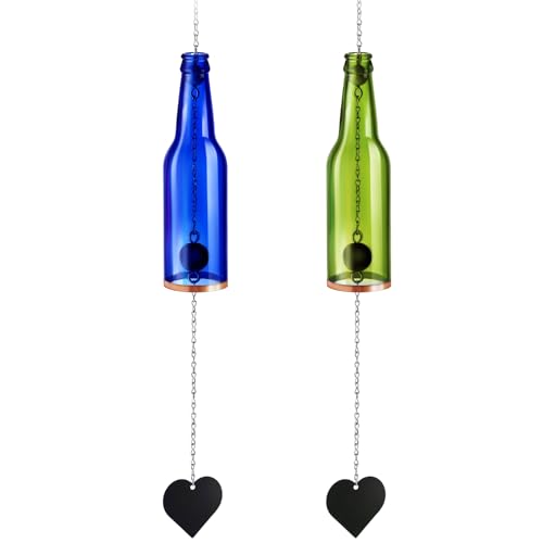 Weysat 2 Pcs Wine Bottle Wind Chime Wine Glass Bottle Wind Chimes for Outside Inside Decor Handcrafted Suncatcher for Garden Porch Home Christmas Wedding Housewarming Whimsical Gifts(Blue, Green)