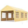 Quictent 10x20 ft Heavy Duty Carport Car Canopy Garage Outdoor Boat Shelter Party Tent with Sidewalls and Rollable Windows -Beige
