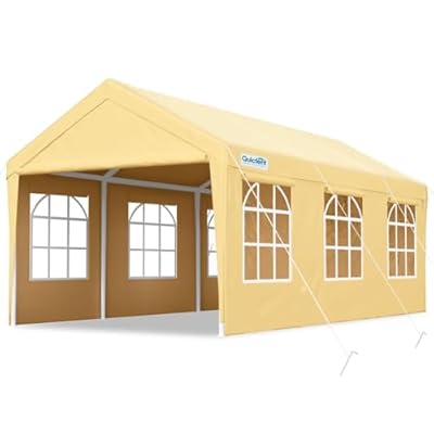 Quictent 10x20 ft Heavy Duty Carport Car Canopy Garage Outdoor Boat Shelter Party Tent with Sidewalls and Rollable Windows -Beige