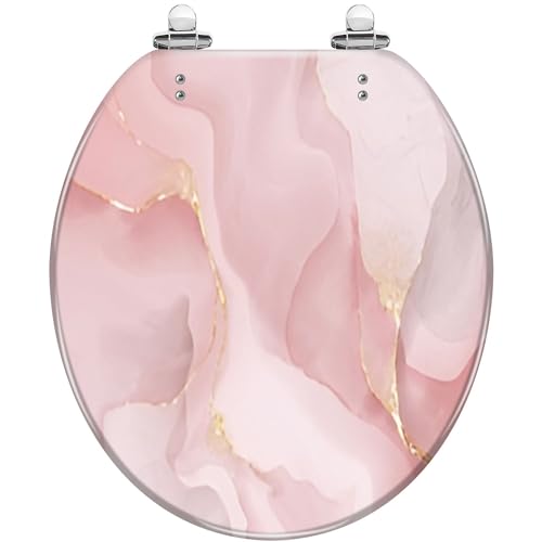 WHFEOIV9RE Round Toilet Seat Pink soft pastel gold line sparkle marble texture Resin Toilet Seat Quietly Slow Close with Quick-Release Hinges Toilet Seat with Cover Easy to Clean Install