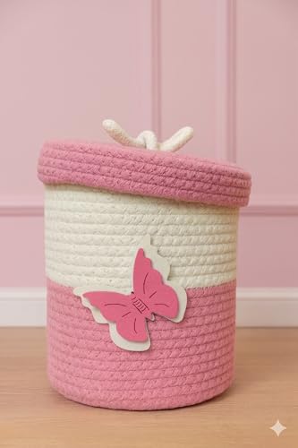 Image of Jute Basket For Storage Cotton Rope Toys Basket With Lid Handwoven Natural Foldable Laundry Hamper for Home, Office, Living Room Size 10x10 inch (pink butterfly)