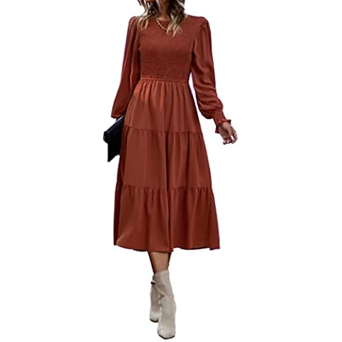 VOGMATE Vestido casual con moco para mujer, manga larga, cuello redondo, cintura alta, vestido midi Cover