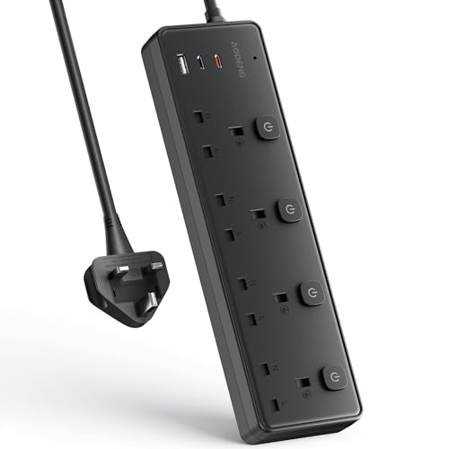 Extension Lead with 3 USB Slots(30W) 4 Way Sockets Outlets Ports Extension Cable with 4 Individual Switches Surge ProtectedWall Mountable Extension Socket for Home Office School 2M Black
