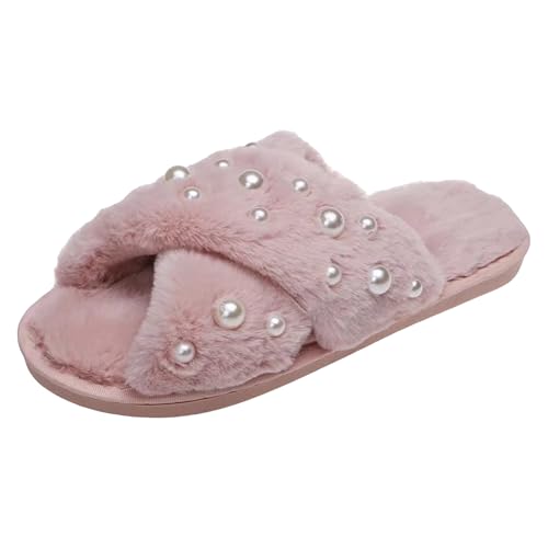 Women's Fuzzy Slippers Crossbands Fluffy House Slides Bride Slippers for Wedding Pearl Women Open Toe Comfy Slip on Memory Foam Soft Plush Furry Slipper Home Shoes Bridal Shower Gifts