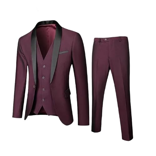 Men 3-Piece Slim Fit 1-Button Shawl Lapel Tuxedo Wedding Business Party Wrinkle Resistant Set Burgundy