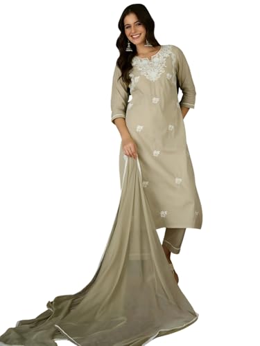 Image of Naixa Women's Cotton Blend Embroidered Straight Kurta with Pant And Dupatta Sets (NX-836)
