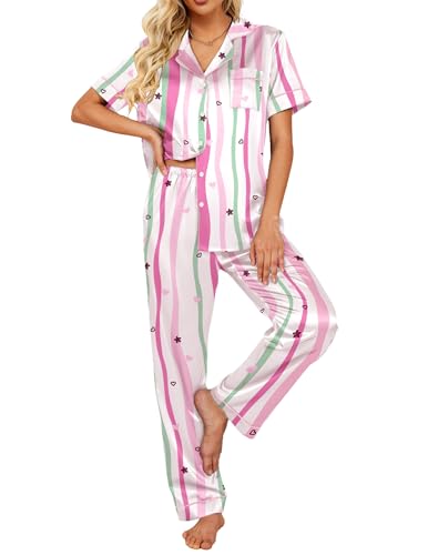 Image of Ekouaer 2 Piece Satin Short Sleeve Pajamas Set Button Down Sleepwear | Soft Pjs Set Classic Loungewear for Wedding, Party, Home, Daily Wear, Date Nights